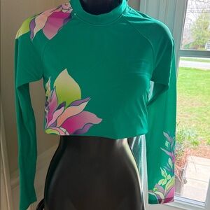Athleta Green Floral Long Sleeve Swim Crop Top